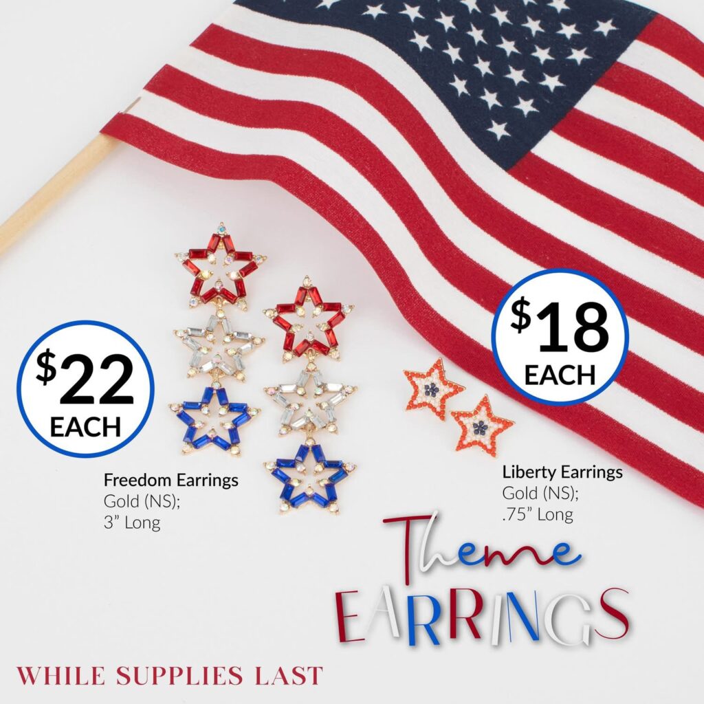  Promotional image featuring patriotic-themed star earrings beside an American flag. The "Freedom Earrings" are red, white, and blue stacked star dangles priced at $22 each (3" long, gold, nickel safe). The "Liberty Earrings" are smaller red star studs with blue accents, priced at $18 each (0.75" long, gold, nickel safe). Text reads “Theme Earrings” and “While Supplies Last.” Website: peacockspretties.com.