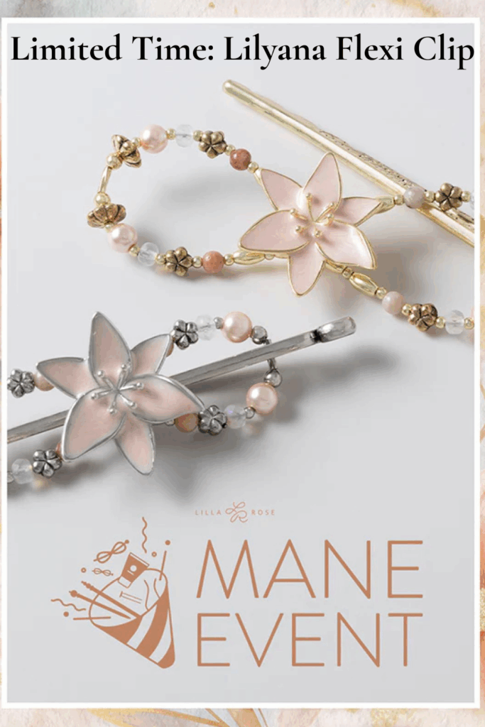 Lilyana Flexi Clip in silvertone and brasstone featuring a soft pink enamel lily flower with pearl and gemstone accents on a neutral background.