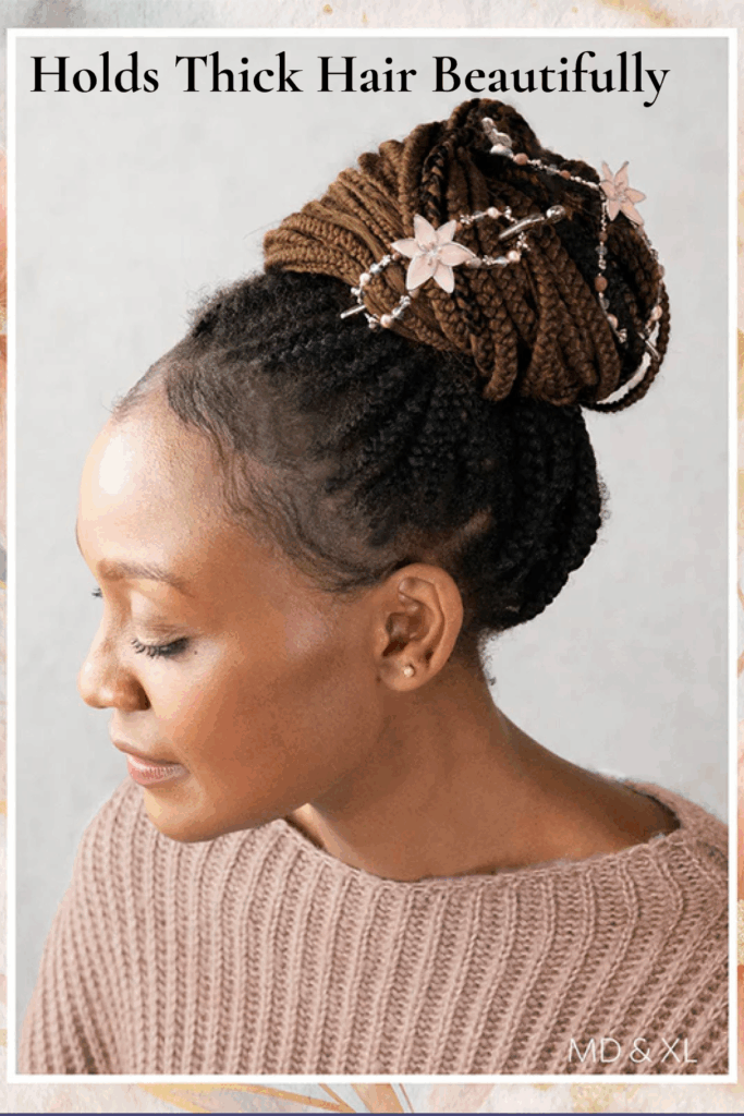 Braided bun hairstyle secured with Lilyana Flexi Clip in medium to extra large size, showing pink floral design with pearl and gemstone details.